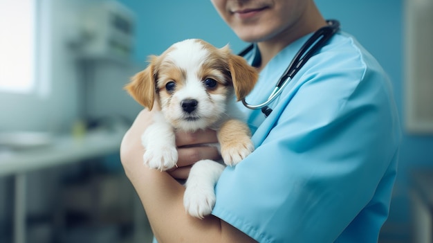 Un mignon chien dans les bras d'un vétérinaire sur le fond d'un gros plan de la lumière du soleil