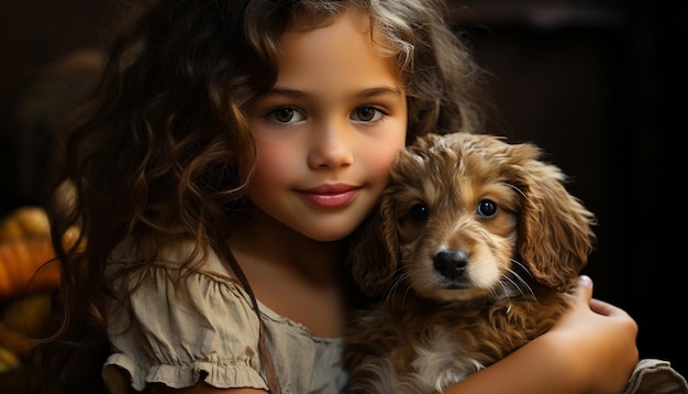 Mignon chien et enfant animaux de compagnie dans un petit portrait souriant amitié généré par l'intelligence artificielle