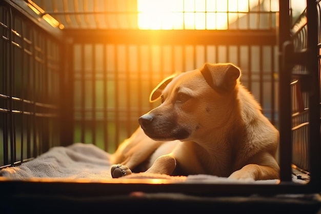 Un mignon chien errant regarde à travers une cage métallique rouillée dans un abri pour animaux sous les rayons du soleil levant.