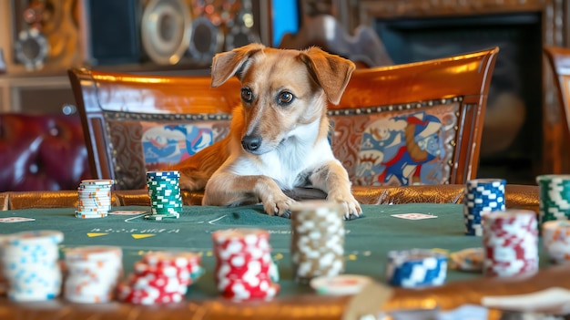 Photo un mignon chien est assis sur une chaise à une table de poker le chien a ses pattes sur la table et il y a des jetons de poker devant lui