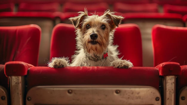 Photo un mignon chien est assis dans un siège de théâtre rouge en regardant la caméra le chien a un collier avec une étiquette dessus