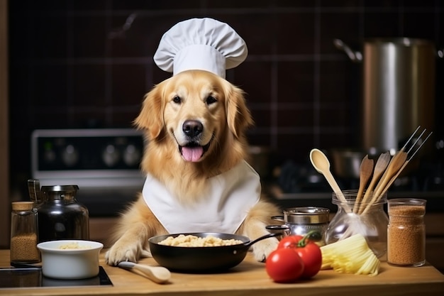Mignon chien Golden Retriever Chef prêt à cuisiner en costume Generative By Ai