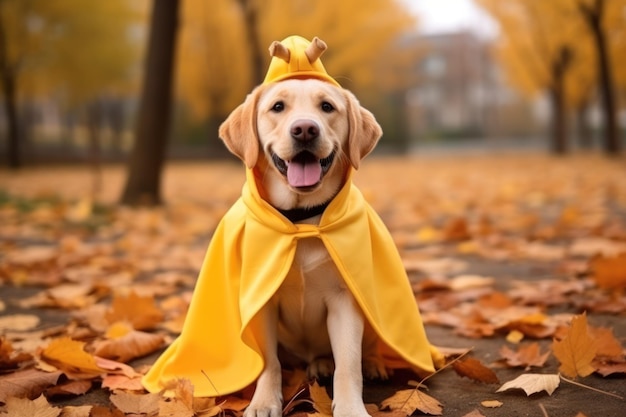 Un mignon chien Labrador Retriever portant un costume d'Halloween dans un parc d'automne