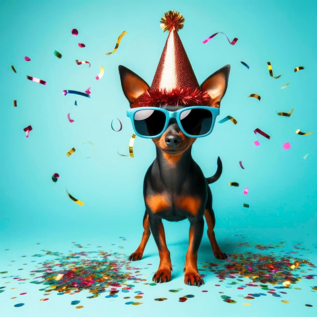 Photo un mignon chien pinscher miniature dans un chapeau de fête et des lunettes de soleil avec des confettis tombant sur un fond de couleur ai génératif