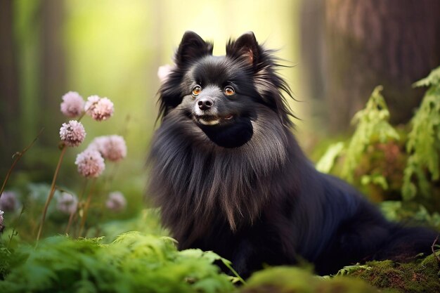 Un mignon chien de Poméranie dans la forêt avec des fleurs.