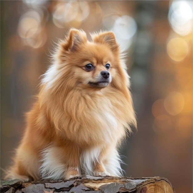 Un mignon chien de Poméranie est assis sur un tronc dans les bois.