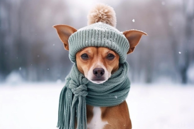 Un mignon chien portant un chapeau et un foulard à l'extérieur de la neige d'hiver