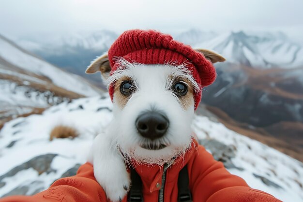 Un mignon chien portant des vêtements d'hiver et prenant un selfie sur la montagne