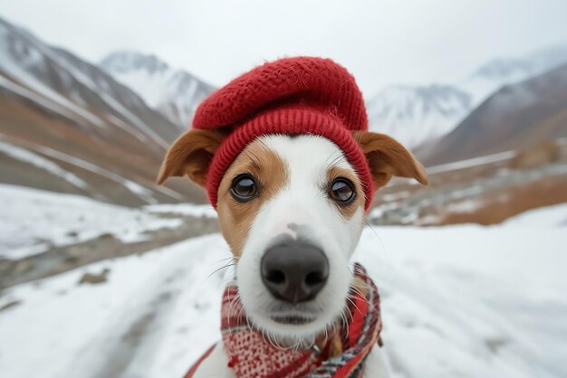 Un mignon chien portant des vêtements d'hiver et prenant un selfie sur la montagne