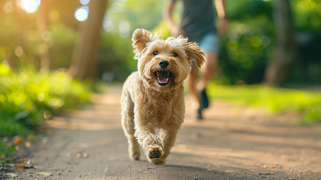 Un mignon chien qui court avec son propriétaire dans le parc un jour d'été ensoleillé.