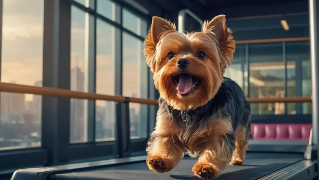 un mignon chien qui court sur un tapis roulant