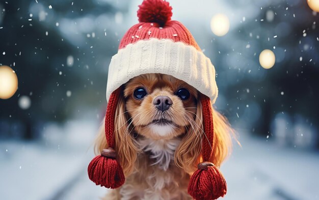 Un mignon chien regardant la caméra vêtu d'une tenue d'hiver festive