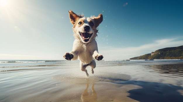 Un mignon chien sautant sur l'eau de l'océan, une image de plage générée par l'IA.