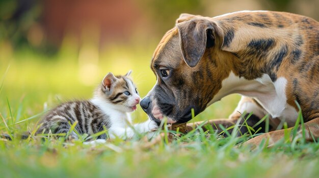 Un mignon chien terrier de Staffordshire américain jouant avec un petit chaton.