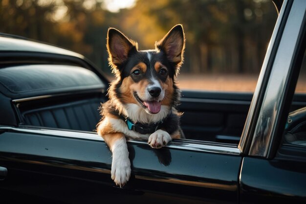 Un mignon chien en voiture noire vue de l'extérieur