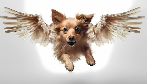 Un mignon chien volant dans le ciel avec des ailes d'ange générant de l'IA