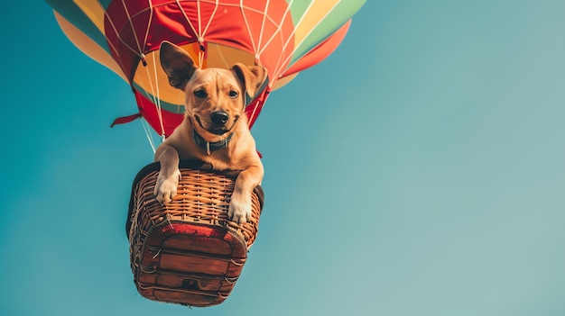 Photo un mignon chien vole dans un ballon à air chaud le chien regarde vers le sol avec une expression heureuse sur son visage