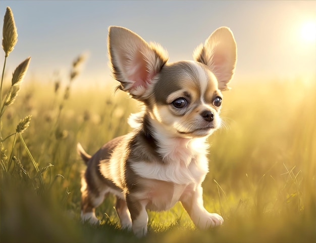 Un mignon chihuahua debout dans le champ