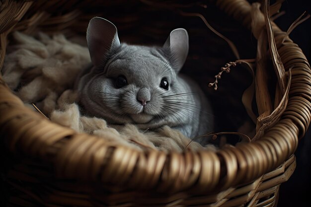 Un mignon chinchilla dans un panier