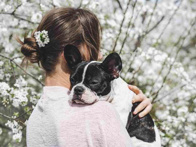 Photo un mignon chiot allongé sur l'épaule d'une femme