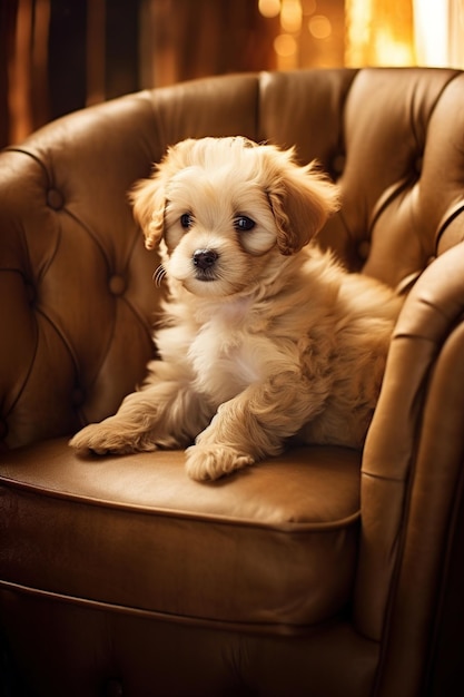 Un mignon chiot assis sur une chaise en cuir.