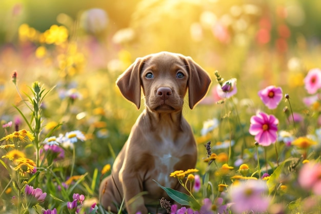 Un mignon chiot assis dans un champ de fleurs d'été IA générative