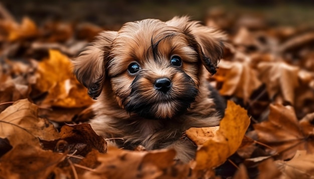 Un mignon chiot assis dans la forêt d'automne regardant une caméra innocemment générée par l'intelligence artificielle