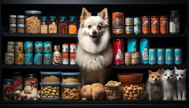 Photo un mignon chiot assis sur une étagère d'un magasin d'animaux généré par l'intelligence artificielle