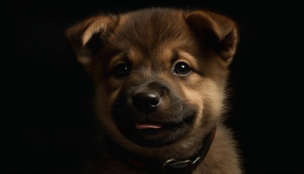 Un mignon chiot assis à regarder la caméra, un fond noir, un terrier ludique généré par l'intelligence artificielle.