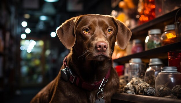 Photo un mignon chiot assis à regarder une caméra à l'intérieur générée par l'ia