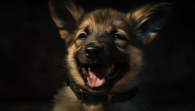 Un mignon chiot assis à regarder la caméra avec la langue sur un fond noir généré par l'intelligence artificielle