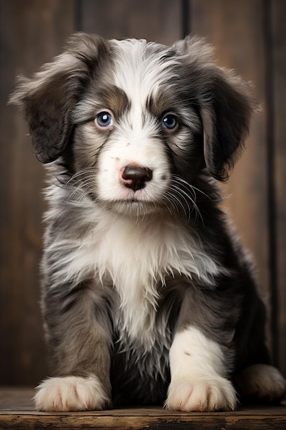 mignon chiot Aussie doodle couleur gris et blanc