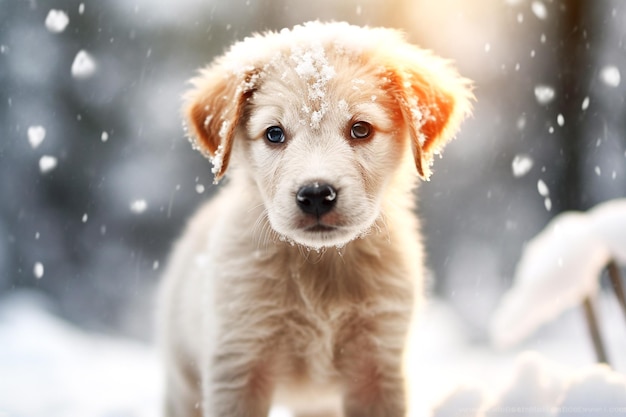 Un mignon chiot blanc moelleux joue dans la neige générée par l'IA