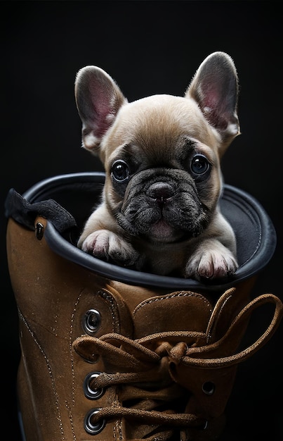 Un mignon chiot bouledogue français est assis dans une chaussure marron sur fond noir