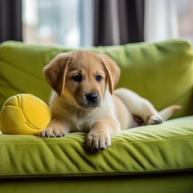 Un mignon chiot sur un canapé