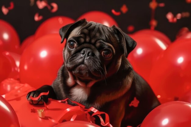 Mignon chiot carlin joyeux avec des ballons rouges lors de la fête d'anniversaire concept de vacances et d'anniversaire