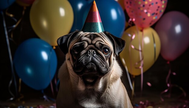 Un mignon chiot célèbre son anniversaire avec des ballons lors d'une fête amusante générée par l'intelligence artificielle