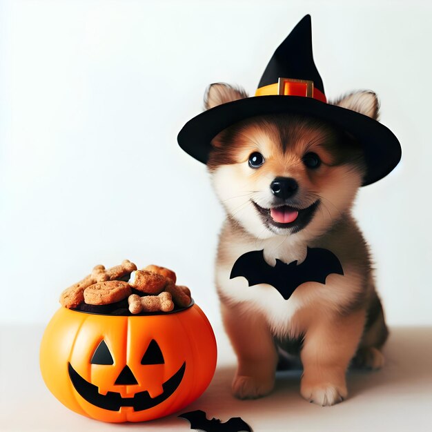 Mignon chiot chien corgi gallois en chapeau de sorcière avec citrouille d'Halloween et biscuits truc ou friandise