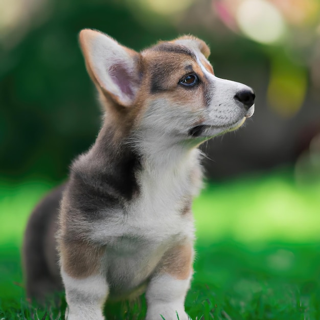 mignon chiot chien avec fond d'herbe verte bokeh photo premium