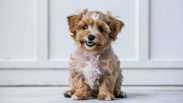 Un mignon chiot de chien maltipoo posant isolé sur un fond blanc