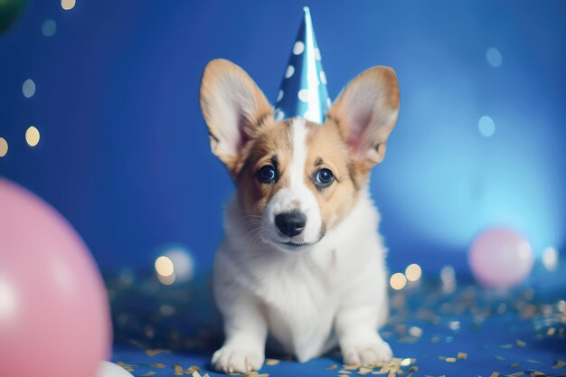 Mignon chiot corgi gallois blanc joyeux avec des ballons bleus lors de la fête d'anniversaire concept de vacances et d'anniversaire