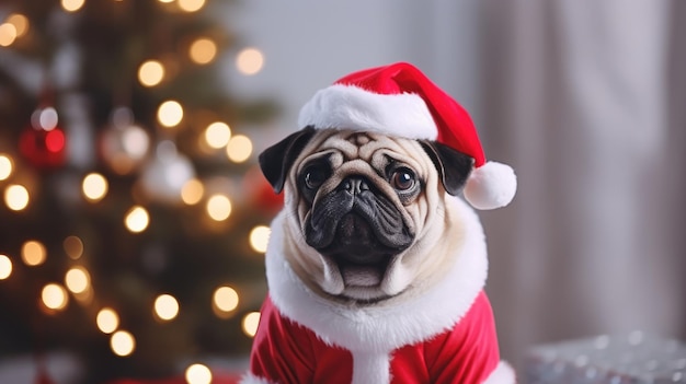 Un mignon chiot en costume de Père Noël