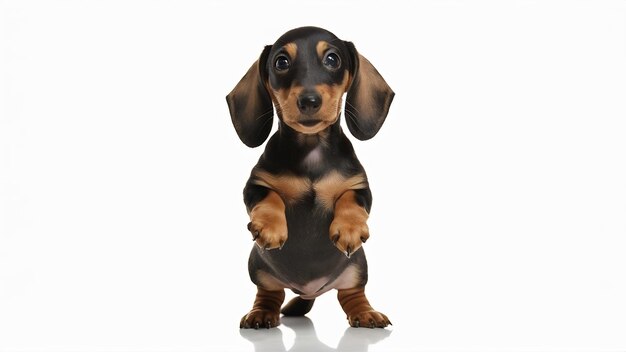 Un mignon chiot de dachshund en train de se tenir sur les pattes arrière posant isolé sur le dos blanc du studio