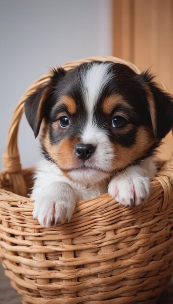 Photo un mignon chiot dans un panier