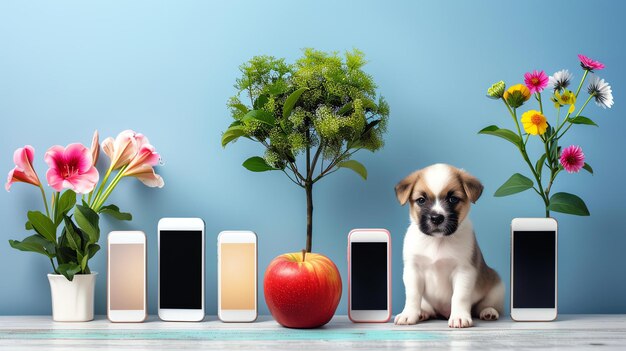 Photo un mignon chiot est assis entre un arbre et un pot de fleurs qui poussent tous des smartphones le chiot regarde la caméra le fond est bleu