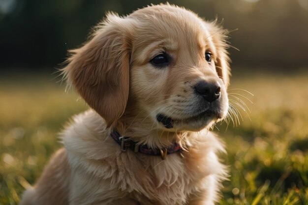 un mignon chiot de Golden Retriever assis sur un terrain d'herbe