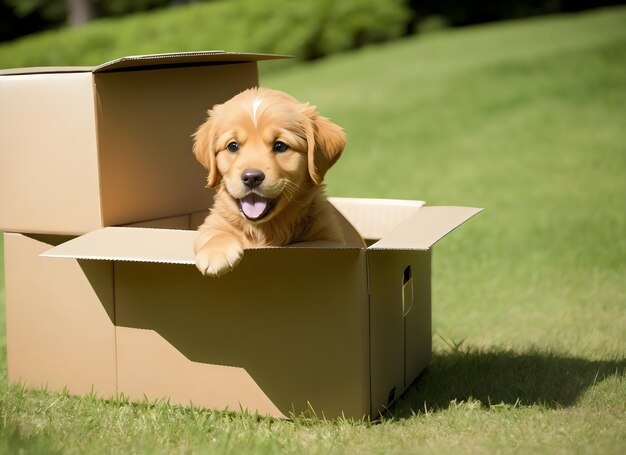 Un mignon chiot de golden retriever debout dans une boîte en carton sur le flou de la nature verte