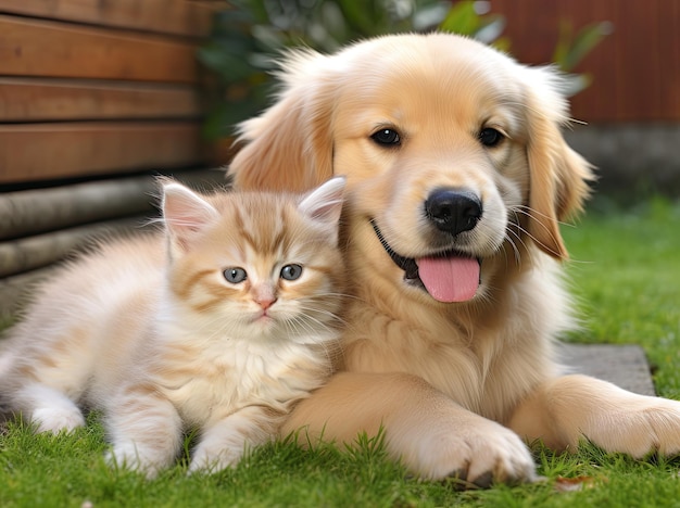 Un mignon chiot de golden retriever avec une petite photo de chaton