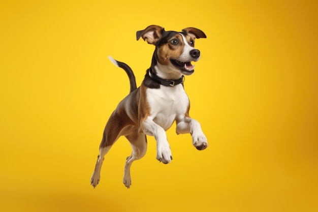 mignon chiot heureux sautant sur fond jaune AI généré