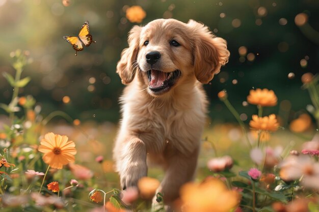 Un mignon chiot jouant dans un champ de fleurs avec une queue agitée et une expression heureuse